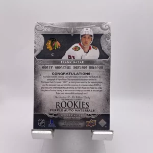 2024-25 Upper Deck Artifacts Frank Nazar Purple Auto Patch /10 3 Color Rookie Rc back